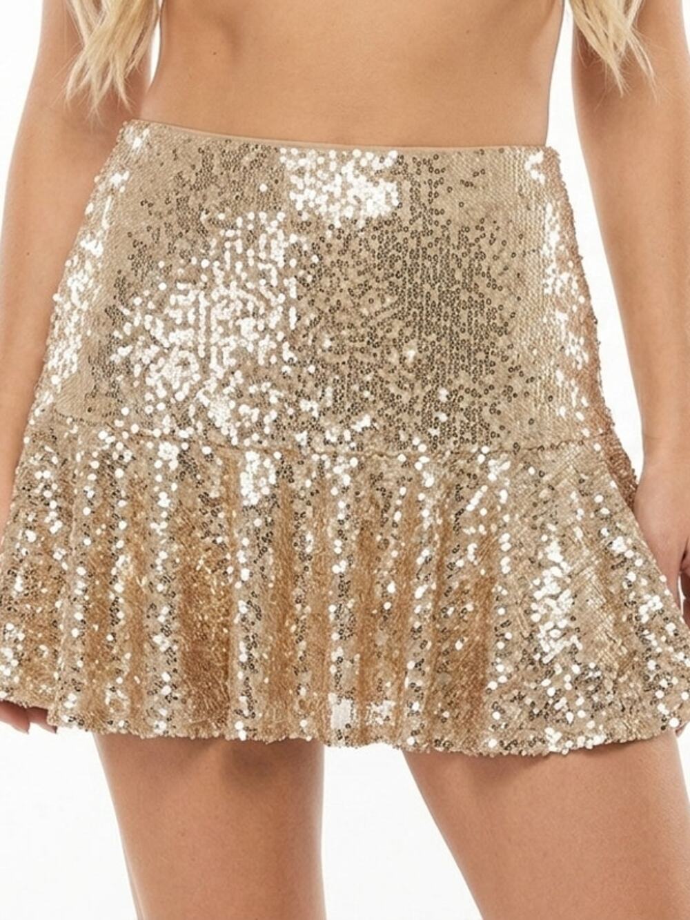 2C Two Cumberland Gold Sequin Flare Mini Skirt Women BSize L